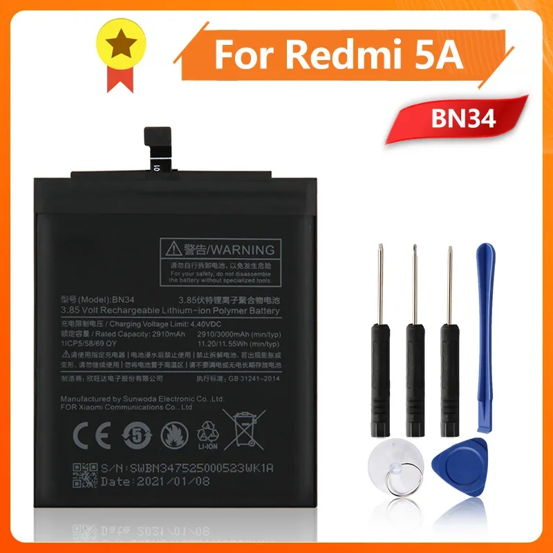 

New Replacement Battery BN34 For Xiao Mi Redmi 5A Redrice 5A Phone Replace Batteries 3000mAh 4.4V + Tool