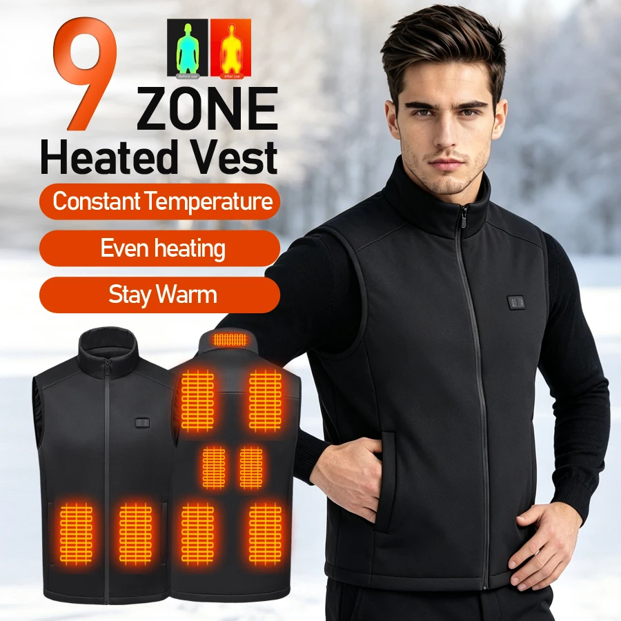 9 Heating Zones Soft Shell Heated Vest Dual Control Switch 3‑Level Temperature Stand Collar Zipper USB Electric Thermal Vest Uni