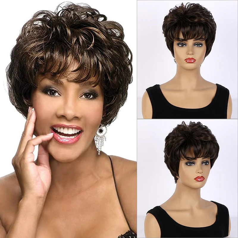 

JOY&BEAUTY Women Fashion Short Hair Synthetic Pixie Cut Black Brown Party Wig for Woman Fluffy Natural with Bangs Curly Wigs