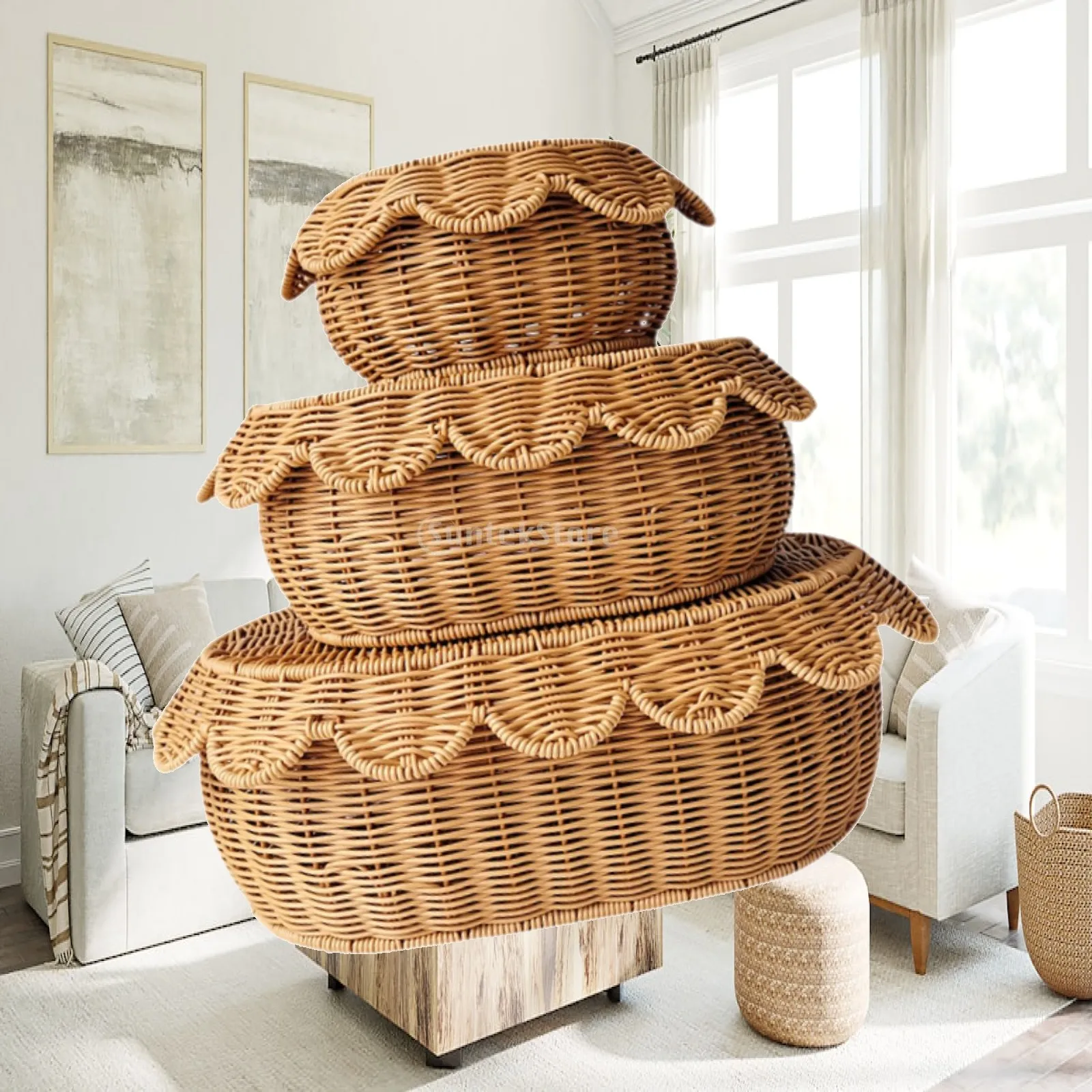 Hand Simulated Rattan Woven Basket Set Kitchen Counter Organizing Simulated Rattan Basket for Bathroom Shelves Closet Bedroom