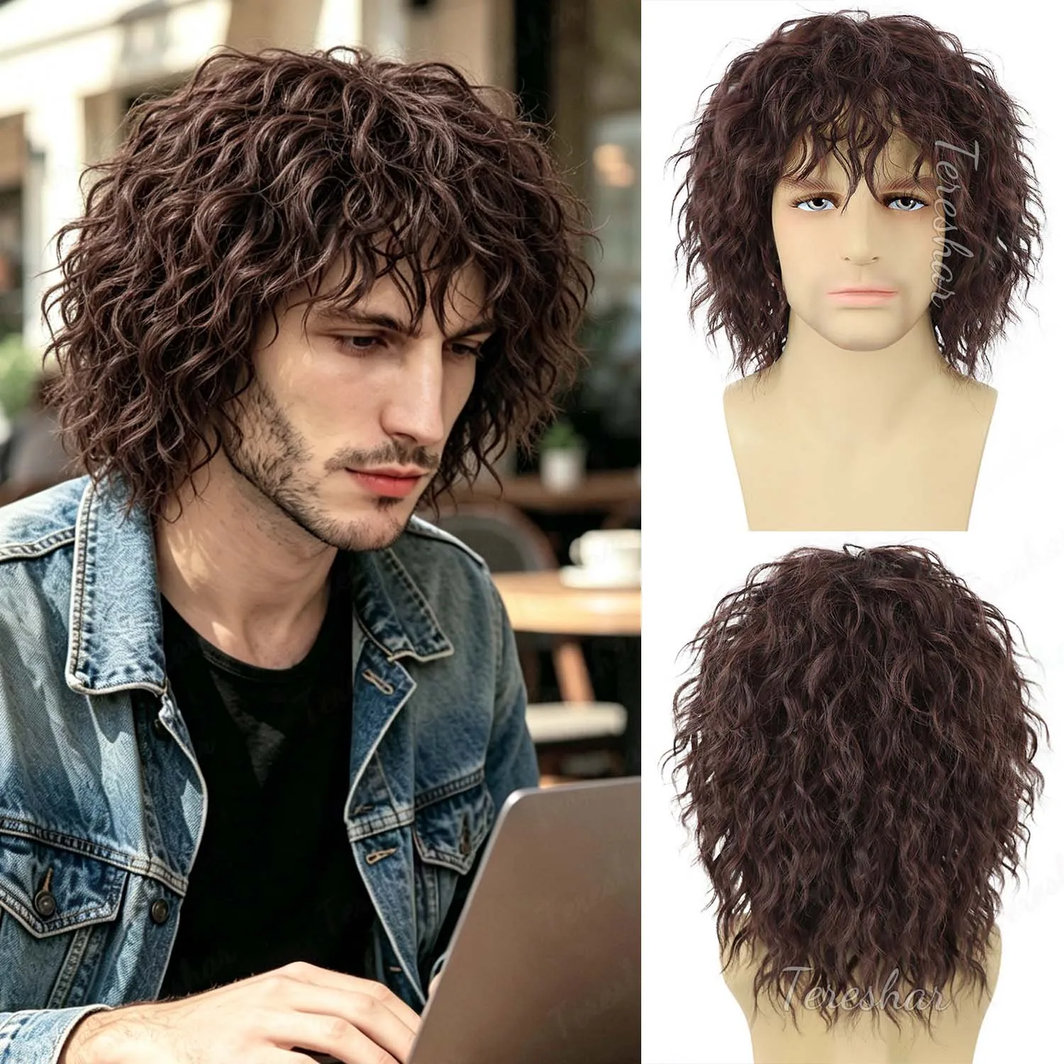Synthetic 70s 80s Rocker Mullet Party Funny Wig Men and Women Short Curly Black|Brown Wig Disco Punk Heavy Metal Rocker Wig
