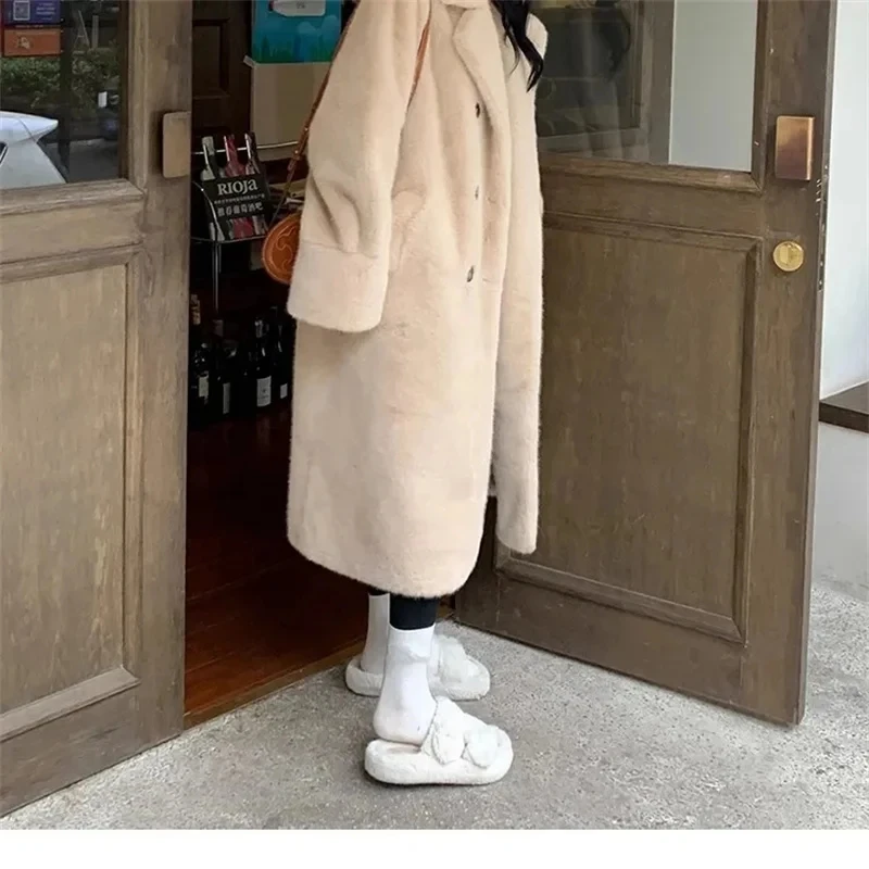 Beige Environmentally Friendly Fur Faux mink Fur Long loose And Thickened Pink Mink Fur Integrated Suit Collar Fur Coat For Wome