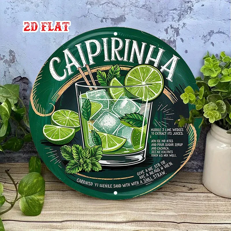 2D Flaches Rundes Metallschild Caipirinha Cocktail Metall-Blechschild Limetten-Minz-Getränk Metall-Wandkunst Wasserdichte Heimdekoration Bar Pub Küche