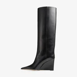Arden Furtado Wedges Knee High Boots Pointed toe Slip-on Super high heel Modern boots Large size Slim legs Black Knight boots
