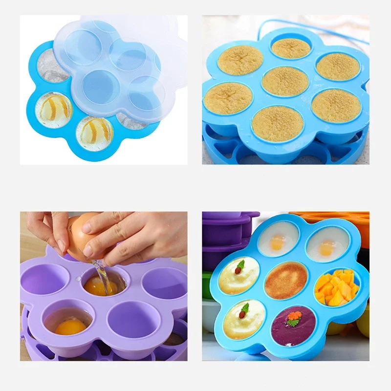 Reusable 7 Hole Silicone Baby Food Freezer Tray with Lid BPA Free Crisper Egg Bite Mold for Convenient Storage and Freezing