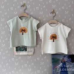 2024 New Coconut Trees T-shirt Boys Thin Soft Pullover Tops Toddler Baby Girls Cotton Boutique Print Tees Infant Loose Tshirts