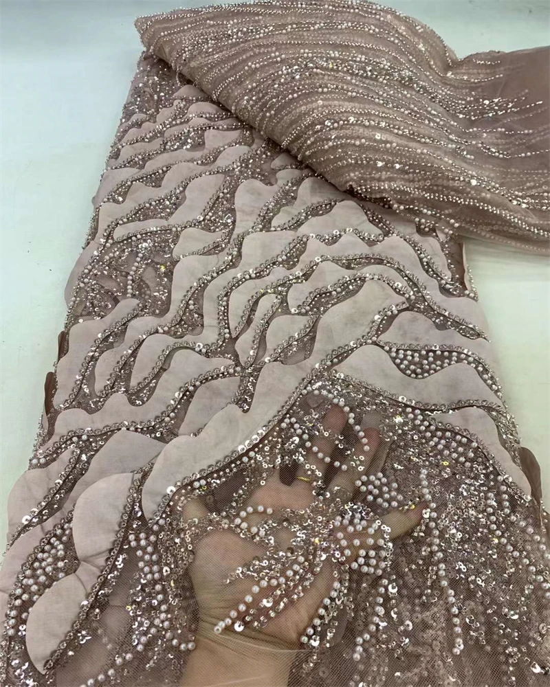 Luxury Nigerian Sequins Lace Fabric 2024 High Quality African Beads Lace Fabrics French For Wedding Party Dress Sewing