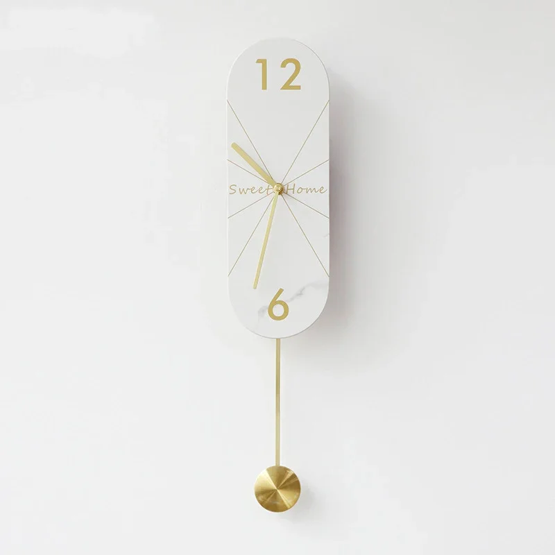 

White Swing Silent Wall Clock Oval Panel Living Room Modern Design Home Decor European Style Marble Pattern Rock Plate