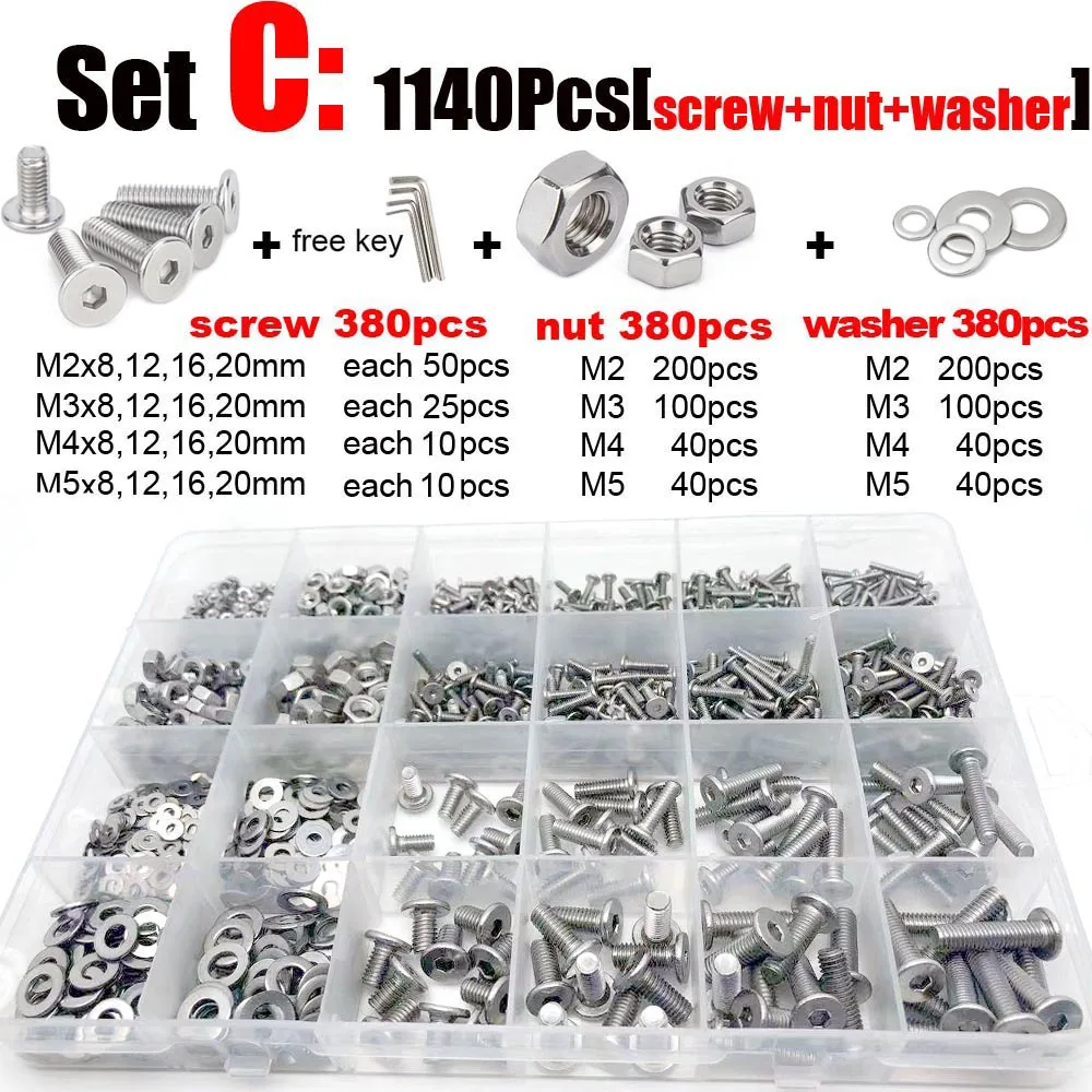 

400/2100 M1.6 M2 M3 M4 M5 304 Stainless Steel Hexagon Hex Socket Ultra Thin Flat Wafer Head Screw Bolt Nut Washer Assortment Kit