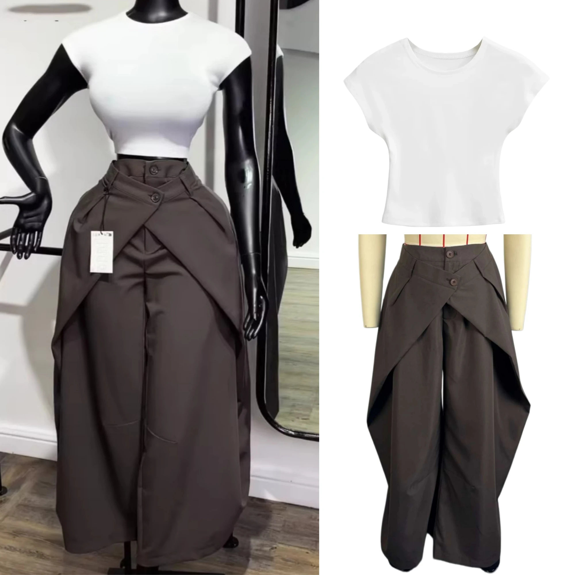 HLJ Elegant Solid Color Short Sleeve T Shirt + Flap Wide Leg Trousers Two Piece Suit Ladies Office Casual Streetwear Outfit Sets