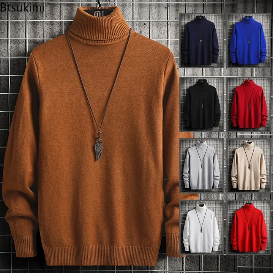 2024 Turtleneck Sweaters Men\'s Solid Pullovers Knitted Sweater High Collar Knitwear Pullovers Autumn Winter Warm Sweater for Men