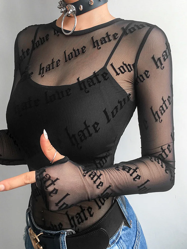 Sexy Women Mesh T-Shirts See-Through Perspective Tshirt Letter Printed O Neck Transparent Long Sleeve T Shirt Tops Women - view 3