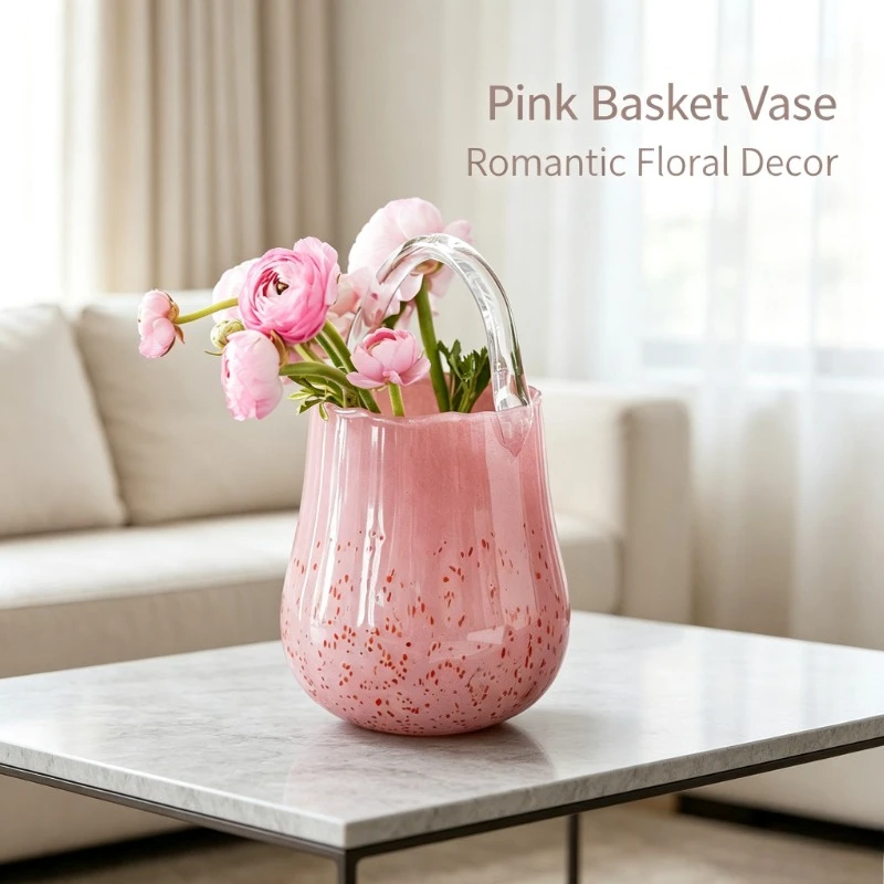 Pink Strawberry Dot Glass Vase Handle Cute Handbag Style Home Decor Dried Flowers Hydroponic Ins Table Centerpiece
