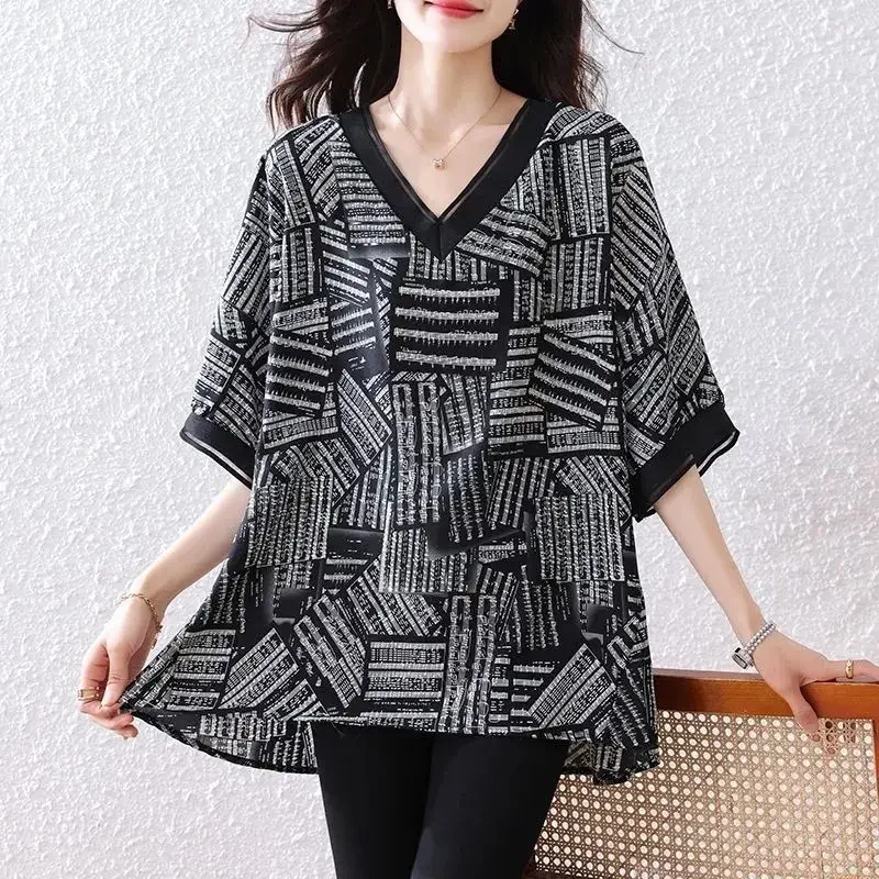 

Новые корейские пуловеры, топы, рубашка с цветочным принтом, винтажная свободная повседневная шифоновая блузка с v-образным вырезом и принтом, лето 2023 г.