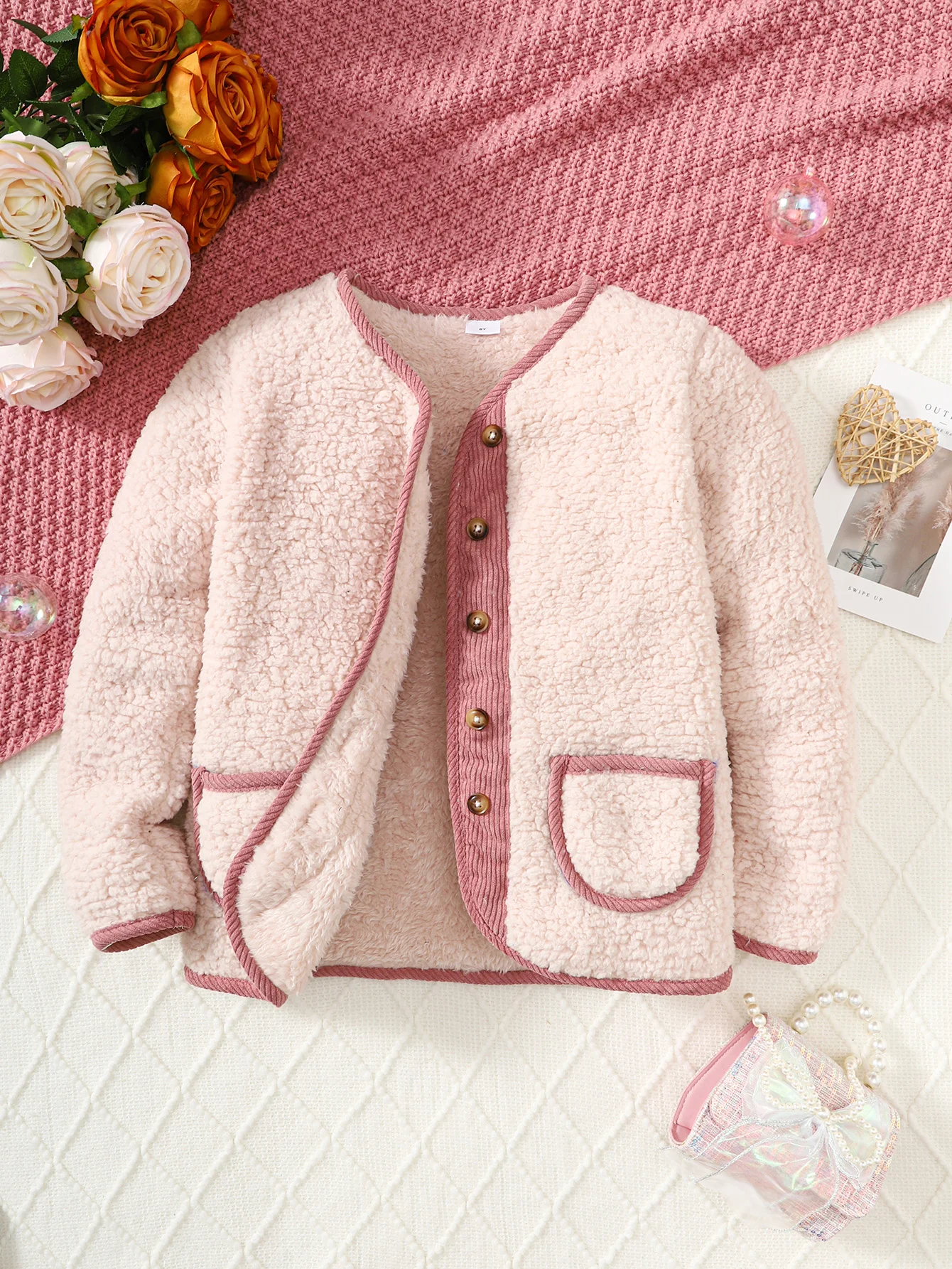 Girls Spring and Autumn Pink Plush Button Coat with Pockets Suitable for 8-14Y Children