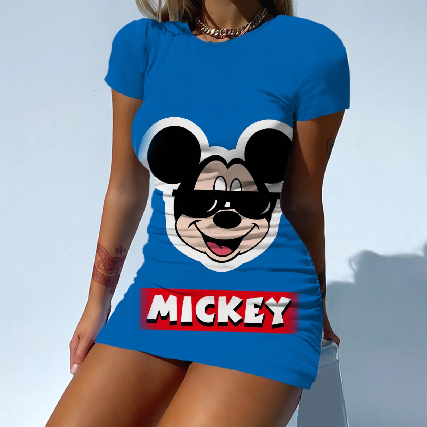 

Elegant Dresses For Women 2024 Disney-Mickey and Minnie Summer Sexy Waisted Women's Dress 3D Print Casual Short Sleeves College