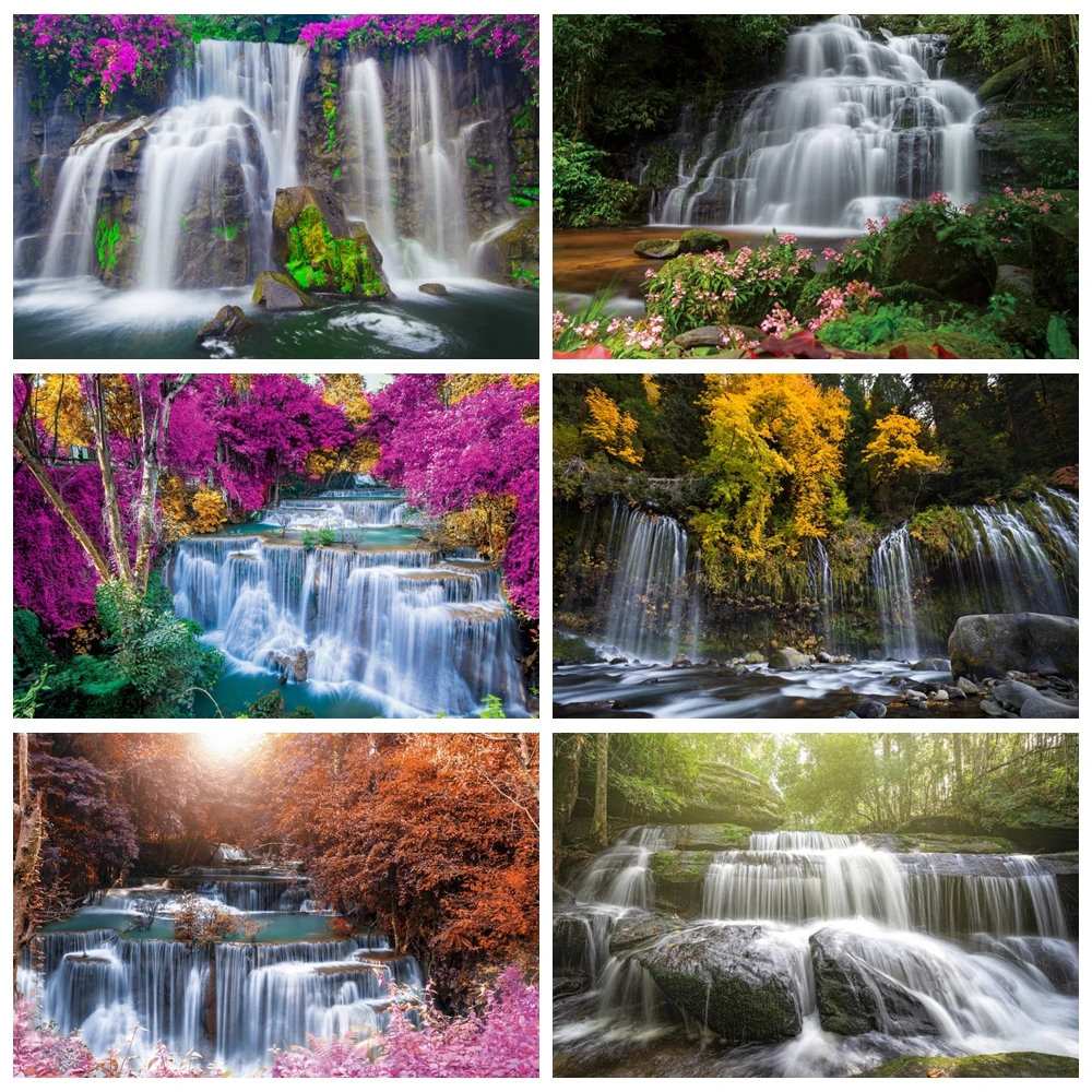 

Natural Landscape Backdrop waterfall maple trees Mountain Forest Background Travel Photo Studio Props Home Garden Photography