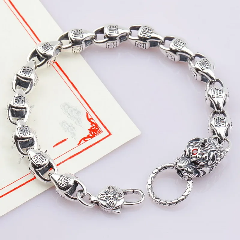 BOCAI New S925 Sterling Silver Vintage Vintage Ethnic Style Six Character Mantra Diamond Pestle Zhaocai Pixiu Bracelet Male