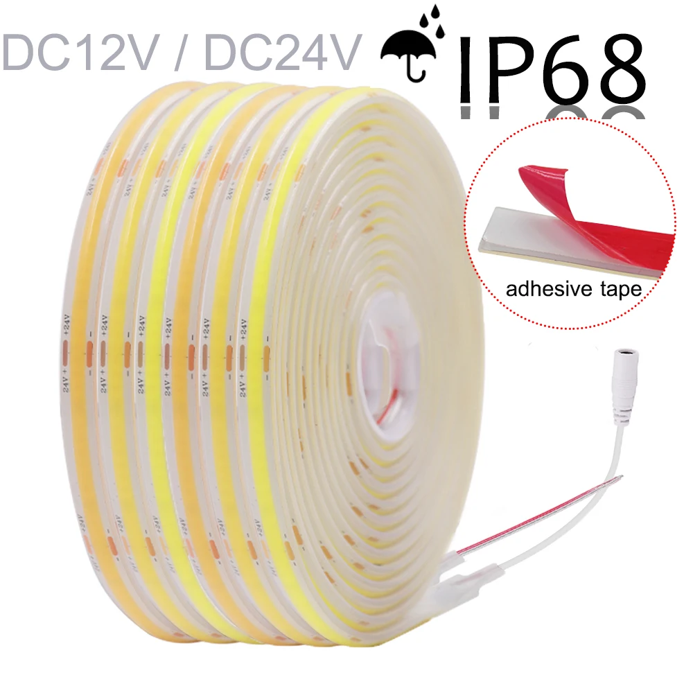 Impermeável COB LED Strip Light, fita FOB flexível, iluminação linear de alta densidade, alta densidade, 12V, 24V, 320LEDs por m, 10m, 20m, IP68