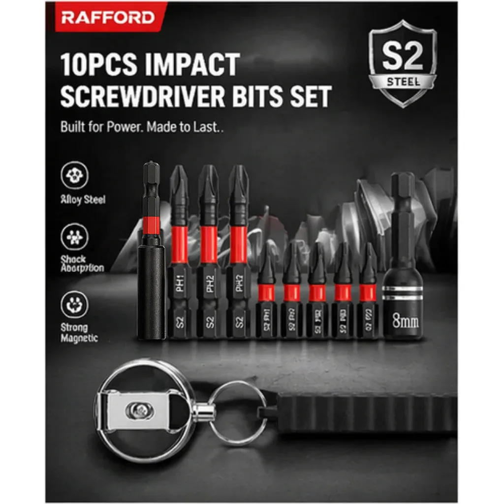 

Rafford 12PCS Retractable Keychain Screwdriver Bit Set, 1/4" Hex Portable Bit Holder with 8mm Socket Adapter for Repai