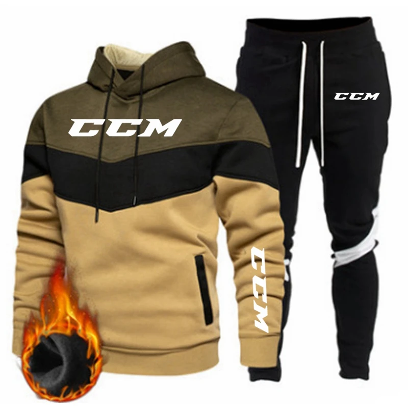 Men\'s fashion autumn and winter three color patchwork warm thick sanitary pants hooded sweatshirt set with fleece CCM spring set