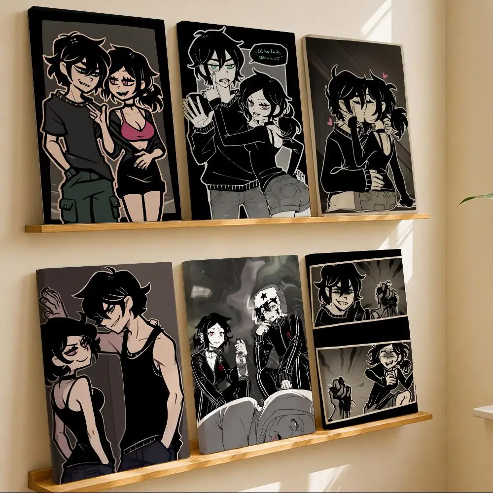 Dark Cartoon C-Coffin of Andy and Leyley Framed Wall Painting Canvas Art Poster with Solid Wood Frame for Living Room Home Decor