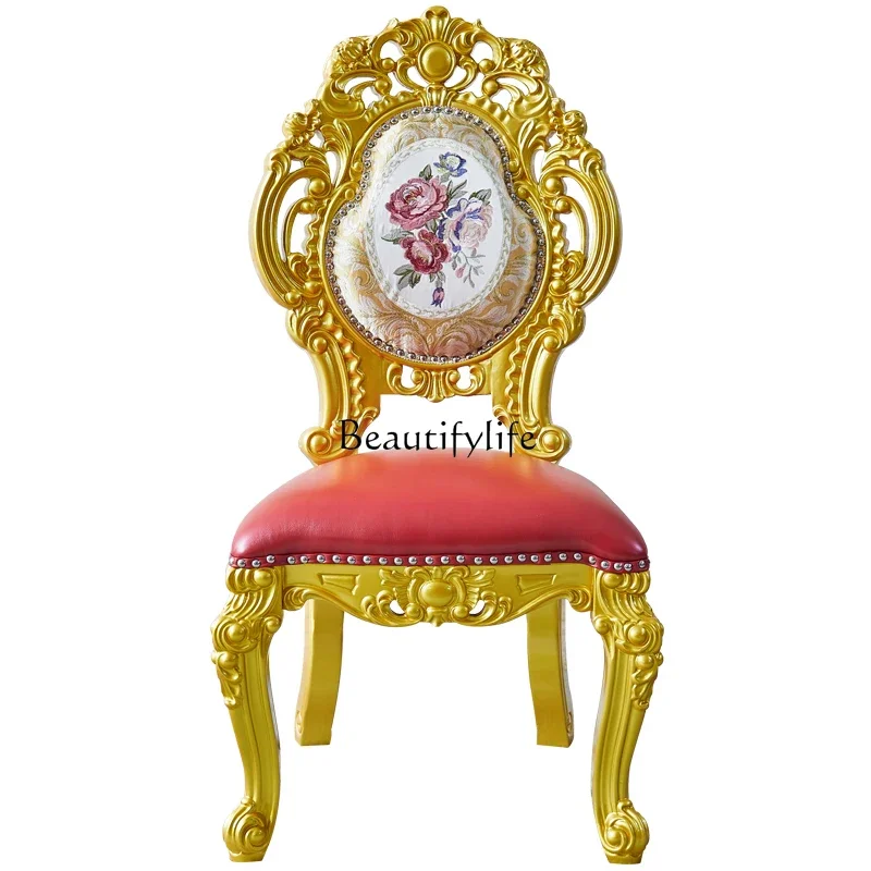 

European dining chair American villa restaurant Full solid wood carving flower thickened leather hotel armchair