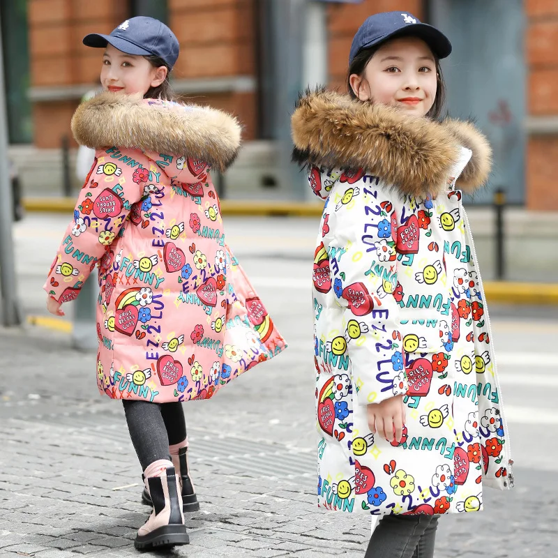 5-16 Years Winter Girls Down Jacket Fur Collar Hooded Cartoon Printed Long Teenage Girl Outerwear Coat Kids Graffiti Outfit