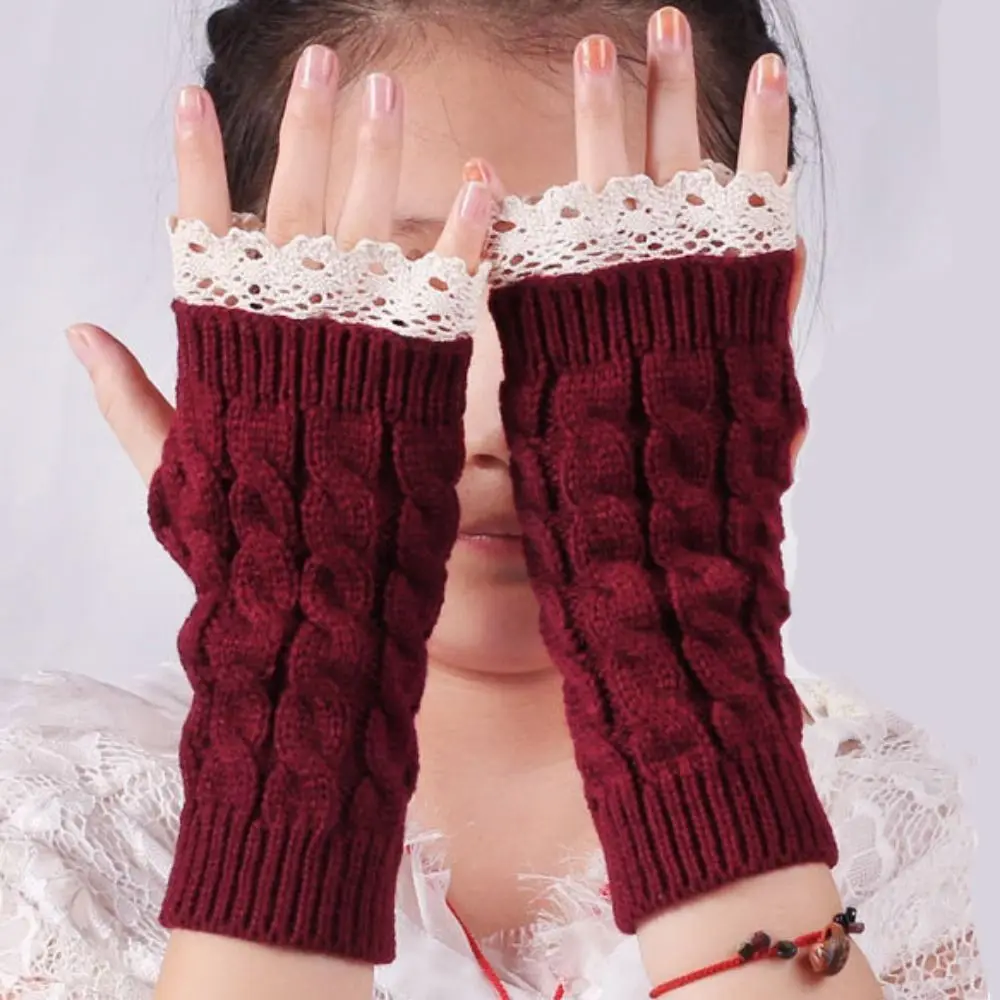 Half Finger Twists Lace Gloves Winter Warm Knitted Wool Gloves For Women's Korean Simple Sweet Short Gloves Mittens