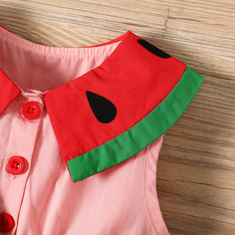 New Summer Baby Girl Watermelon Print Pattern Round Neck Sleeveless Dress + Crossbody Bag Girls Cute Splicing Fashion Dresses