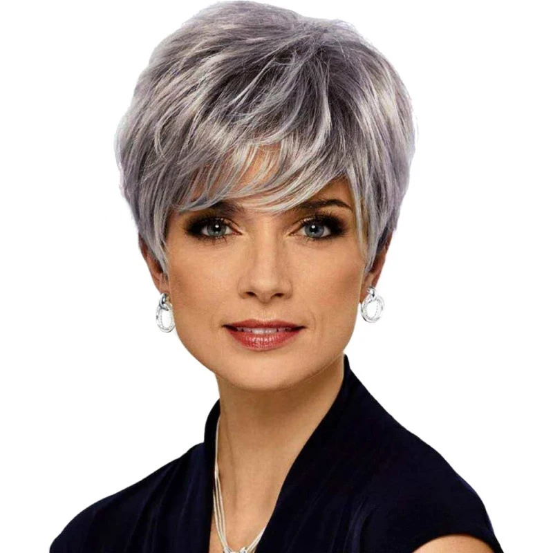 

New Wig Model: Gradient Silver Gray, Women's Short Hair with Side Bangs and Voluminous Style