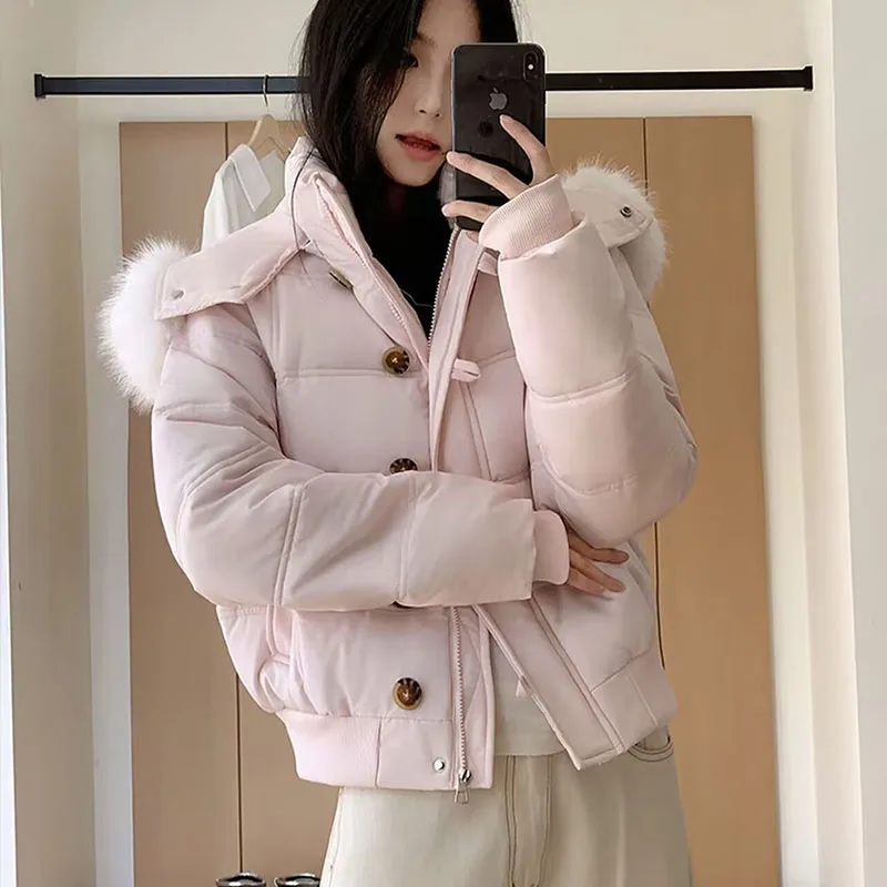 Faux Fur Collar Hooded Short Cotton Jacket Women Retro Dowon Cotton Padded Parkas Winter Thicken Warm Puffer Bubble Outerwear