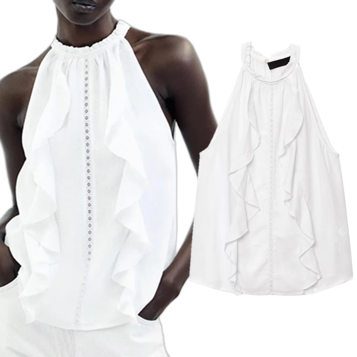 

Jenny&Dave Summer Blouse Women French Lazy Cotton Linen Sleeveless Shirt Minimalist White Elegant Halter Neck Shirt Women Top