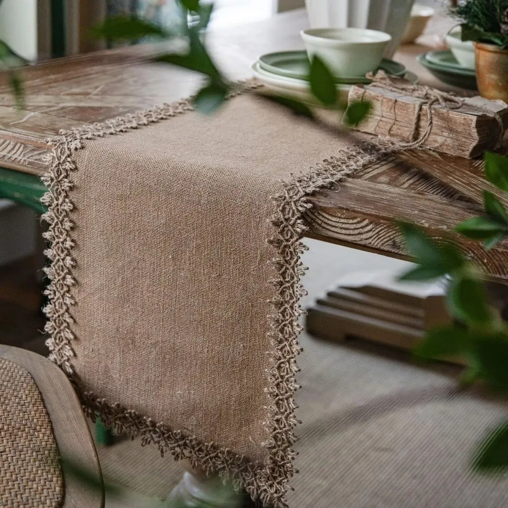 Jute Jute Table Runner Woven Texture Macrame Edges Burlap Table Runner 30x180CM Tassel Fringe Rustic Table Runner Table Decor