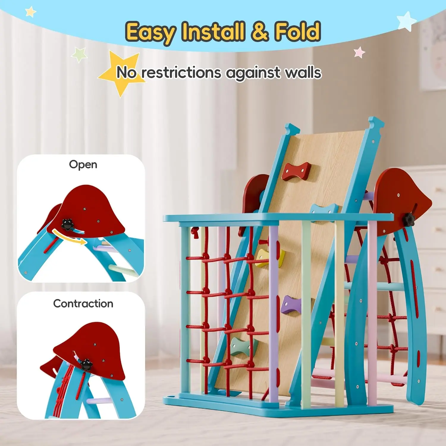 Pikler Triangular Set, Foldable Wooden Pickler Climbing Set, Indoor Playground Jungle Gym, 6 in 1 Pikler Triangle Climbing Set f