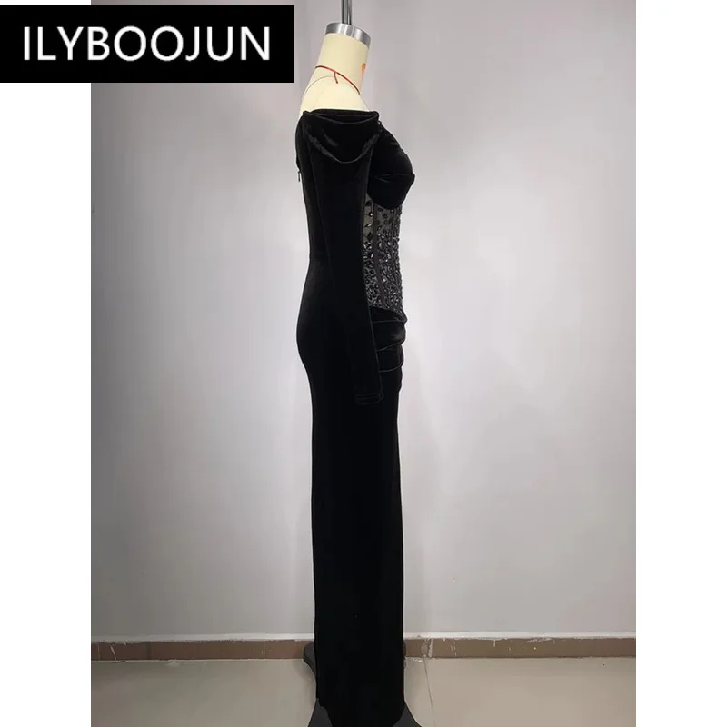 BY Women Celebrity Sexy Crystal Off Shoulder Velvet Black Maxi Long Dress 2024 Elegant Party Evening Stage Performance Vestido