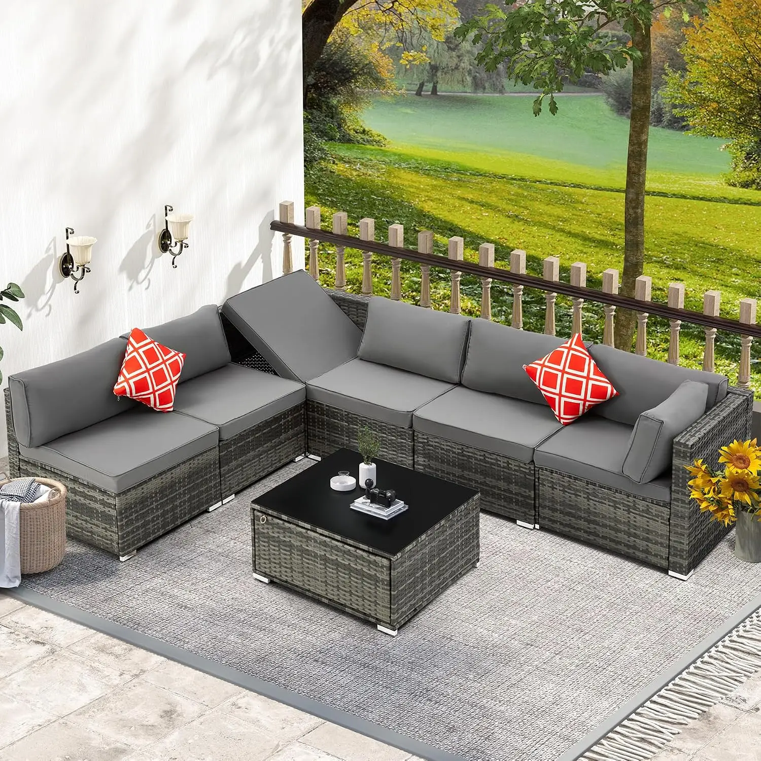 7 Piece Grey Wicker Rattan Patio Sectional Sofa Set with Adjustable Bracket Table Cushions for Porch Lawn Garden, Customized