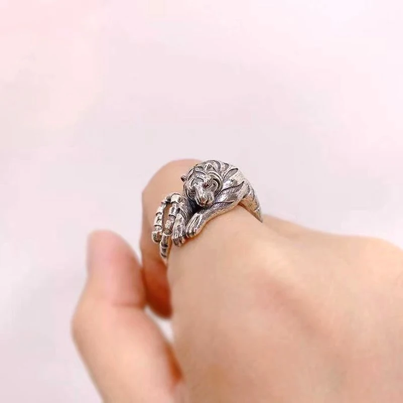 1Pcs Fierce Tiger Adjustable Opening Ring Men and Women Vintage Punk Ancient Gold Ancient Silver color Animal Jewelry Gift
