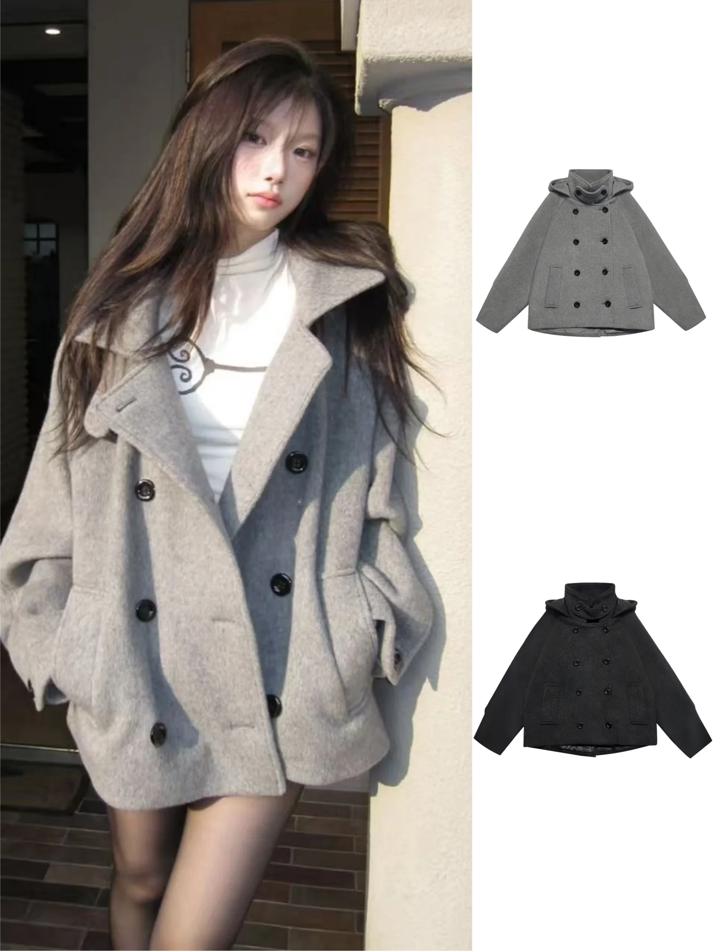 

Retro Sle Women's Woolen Coat with Hood Loose Fit Double Breasted Warm Winter Outerwear Faionable All-Match ay Series