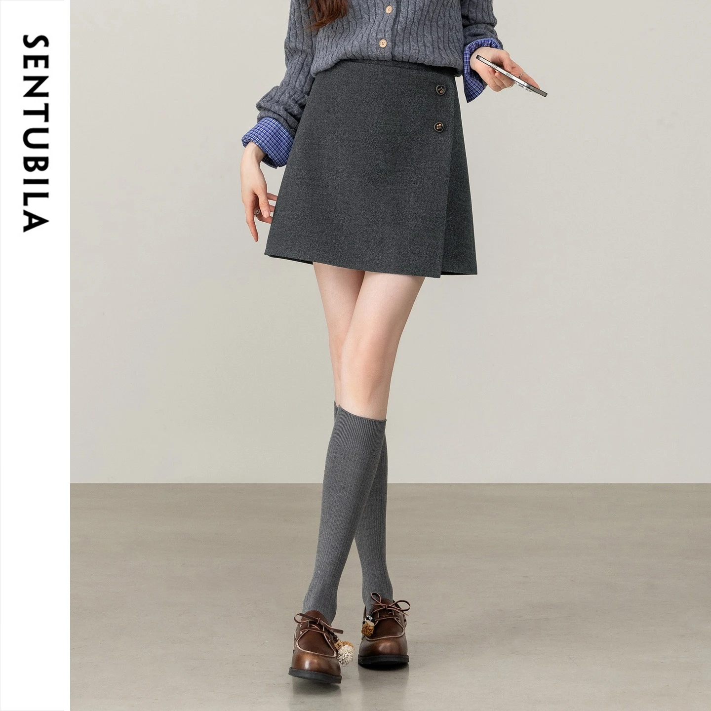 SENTUBILA Women's Winter Mini Skirt High Waist Slim Fit Irregular A Line Wool 2026 Heavy Twill Elegant Commute Skirt 164QE8616