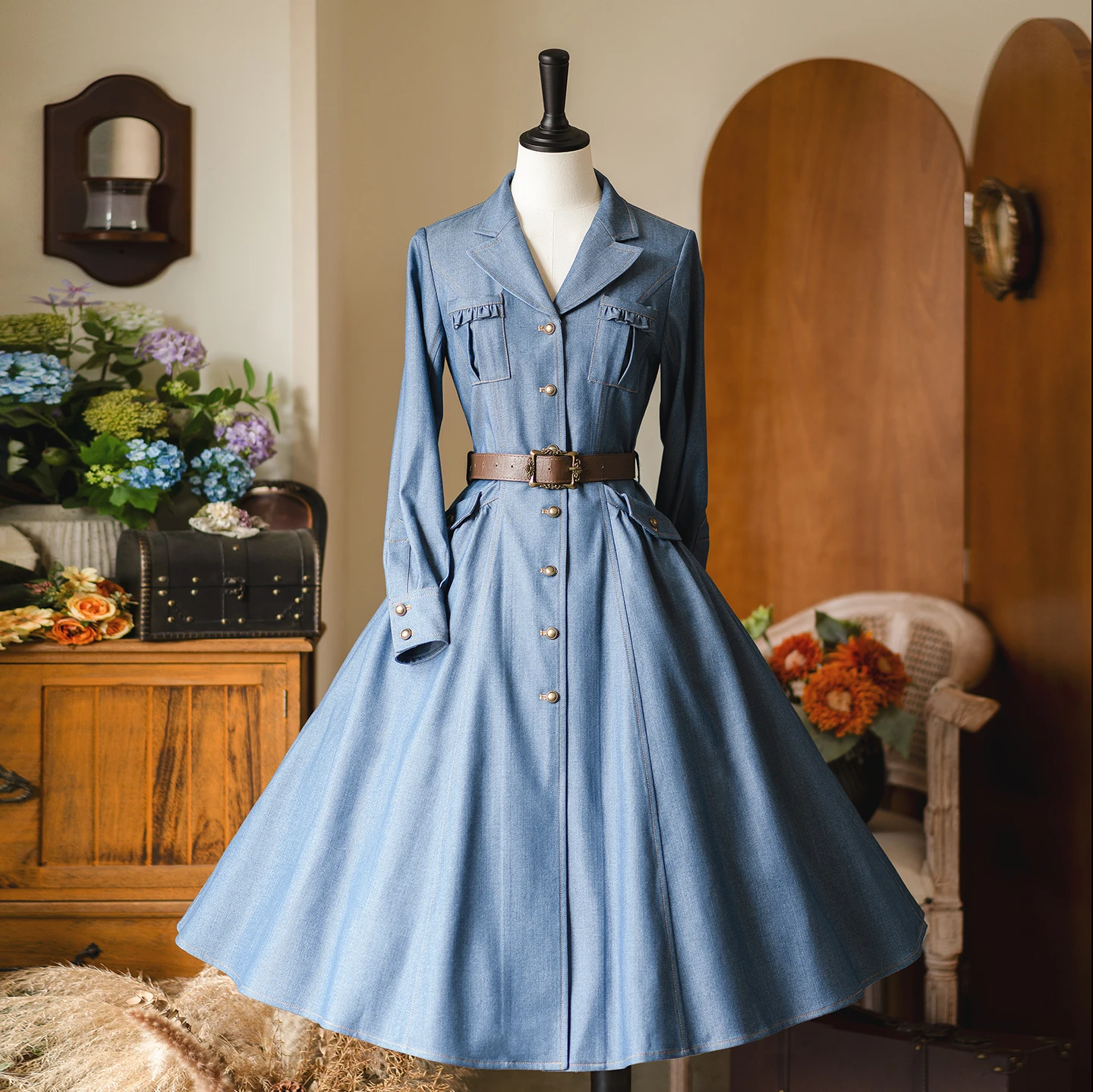 Originele Amerikaanse Retro Denim Jurk 2025, Lente Zomer Herfst Dames Slim Fit Elegante Lolita Jurk College Stijl Zoete Jurk OP