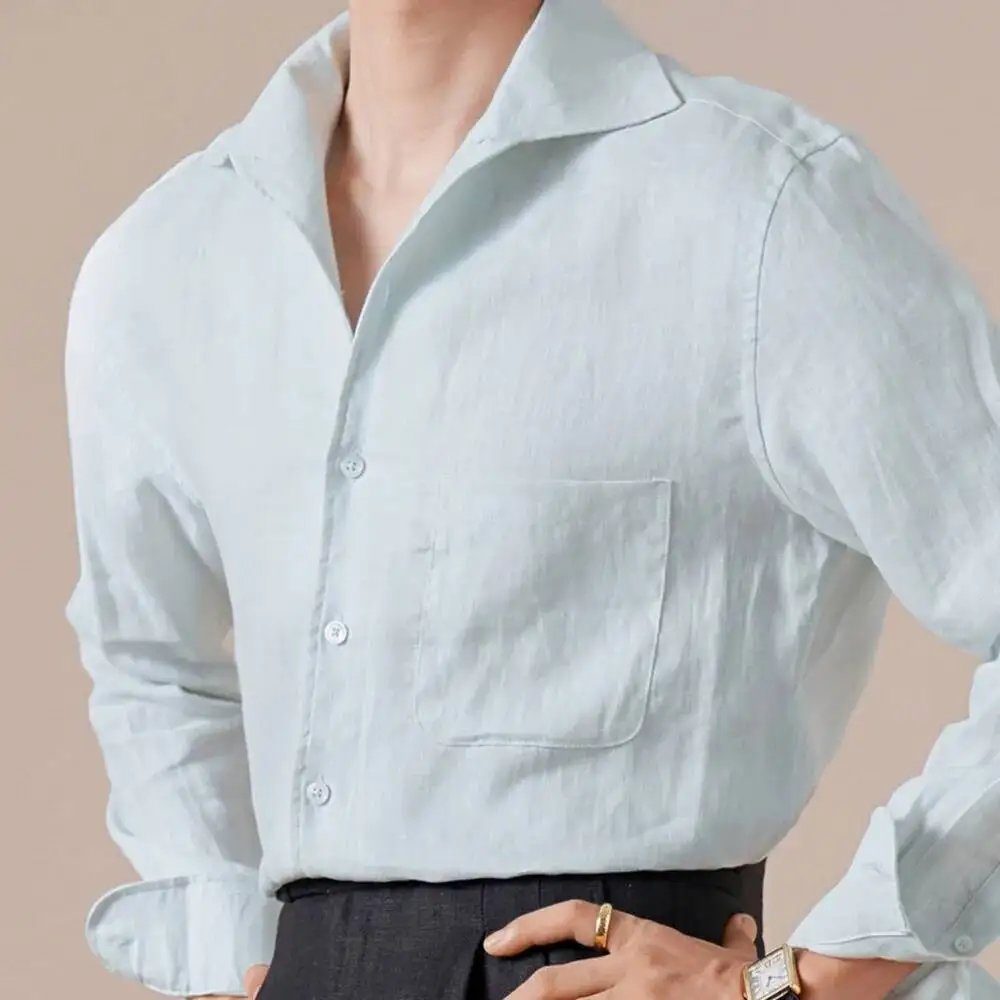 100% Linen Multi Color Business Casual Shirt Men Summer Social  One Piece Collar Long Sleeve Shirt Men Breathable Shirt