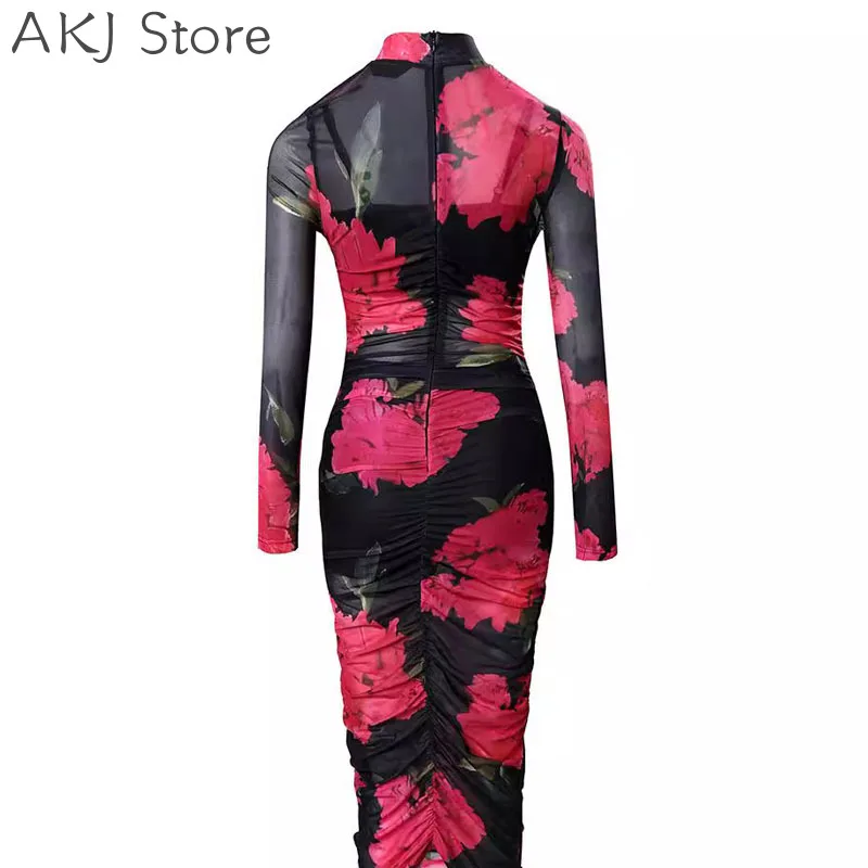 Women Sexy See Through Sheer Mesh Flower Print Long Sleeve Midi Dress 3pcs Set