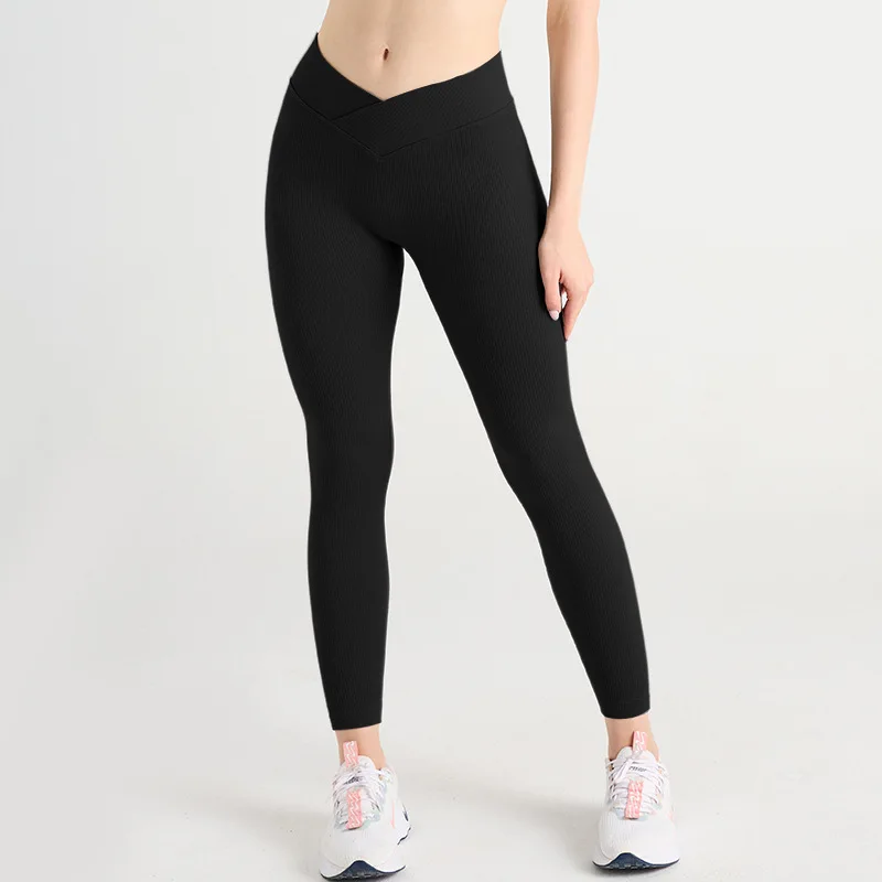 Femmes solide Leggings tricoté taille haute Sport Leggings hanche levage course Yoga Sport collants de gymnastique vêtements de Sport pantalons femmes