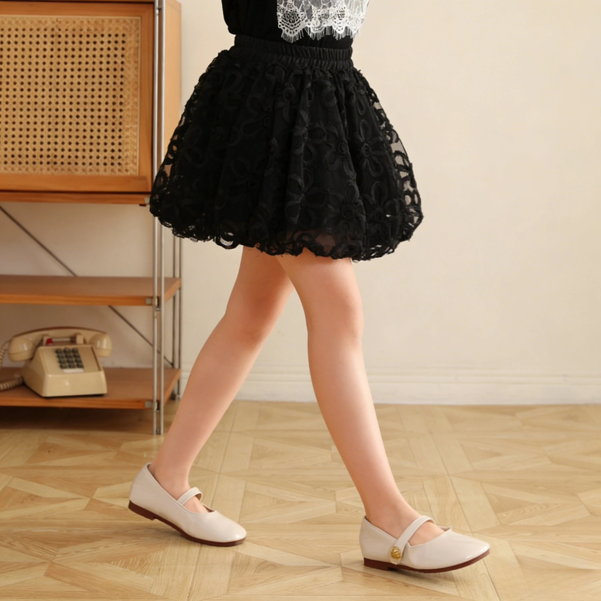 3D Floral Bubble Skort Kids Girls Stretch Waist Lace Applique Mini Skirt For Tea Party Playdate Spring Casual Portrait Bottom