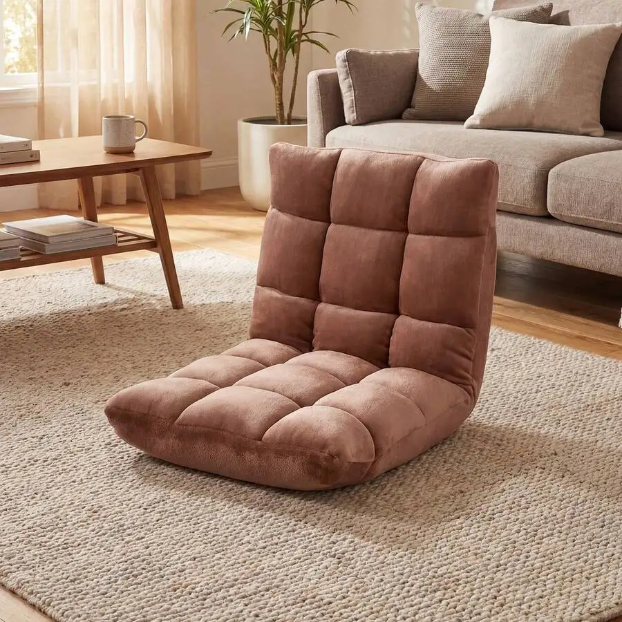 Adjustable 14-Position Floor Chair Folding Lazy Gaming Sofa Chair Cushioned New Tan