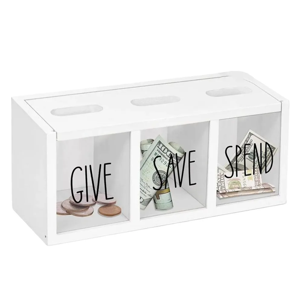 3 Compartments Wooden Money Saving Box Clearly Visualized Wall-Mount Design Coin Piggy Bank Large Capacity Reusable