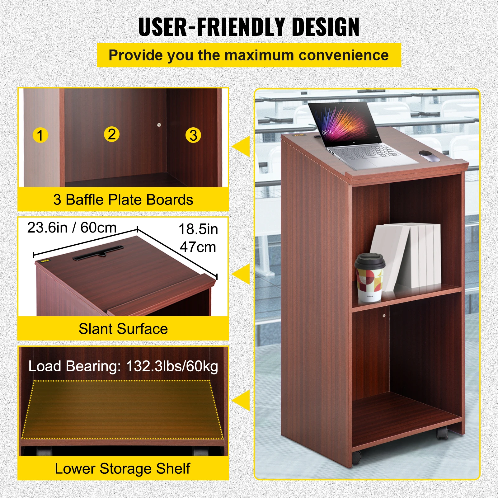 VEVOR Gỗ Bục 2X4 FT Lecterns Và Podiums W/4 Lăn Bánh Xe Nghiêng Mặt Vách Ngăn & Đĩa kệ Lắp Ráp Dễ Dàng Óc Chó