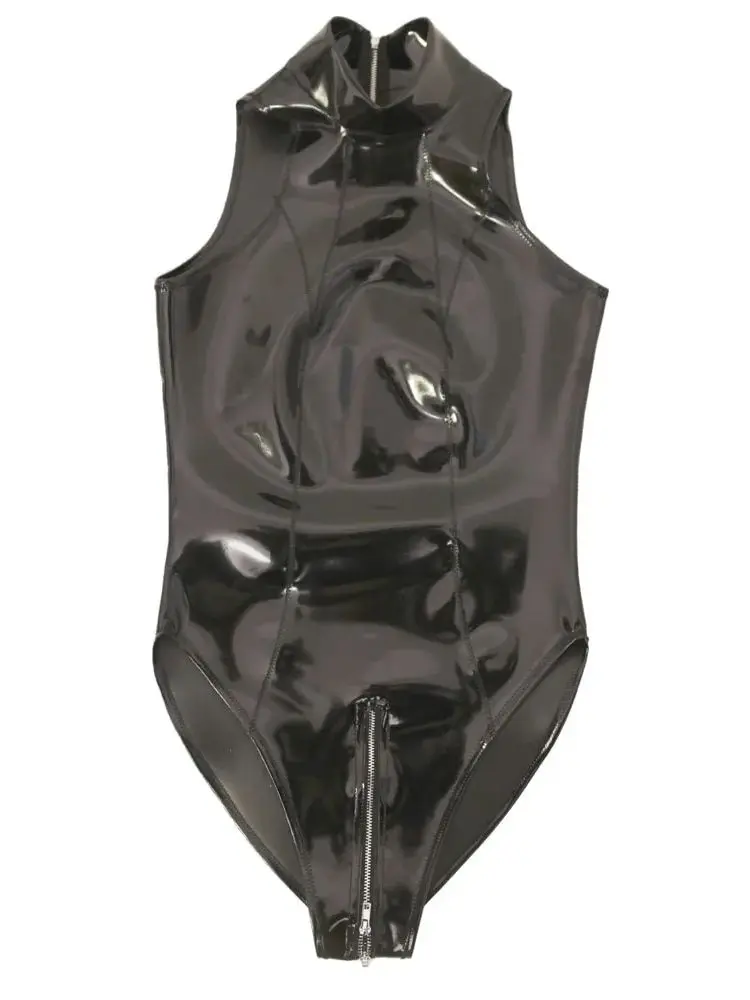 

XS-4XL Double Sided PU Swimsuit Sleeveless Wet Look PVC Catsuit Zipper Open Crotch Bodysuit Tights Hot Sexy Body Teddies Leotard