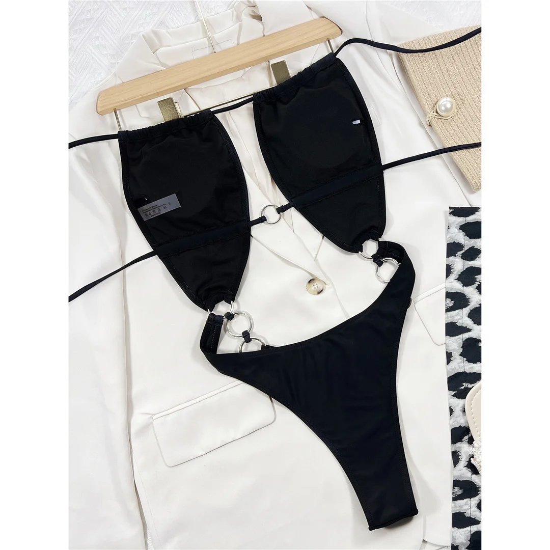 Metallringe, Neckholder, ausgeschnittener Damen-Badeanzug, einteiliger Badeanzug, rückenfreier Monokini, hoch geschnittener Badeanzug, Badebekleidung, Badeanzug V4052 – Detail 10
